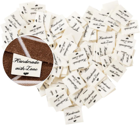 100 Pcs Sewing Labels for Handmade Items, Cute Handmade with Love Tags, Personalized Crochet Tags Sew on Clothing, Custom Fabric Labels for DIY Knitting Crocheting Crafts (Beige)