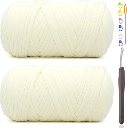 2 * 400G Tshirt Yarn for Crocheting,Light Khaki T Shirt Chunky Elastic Fabric Thick T-Shirt Crochet Yarn for Beginners Crocheting Hand Knitting Bag/Basket/Coasters/DIY Crafts/Home Decor