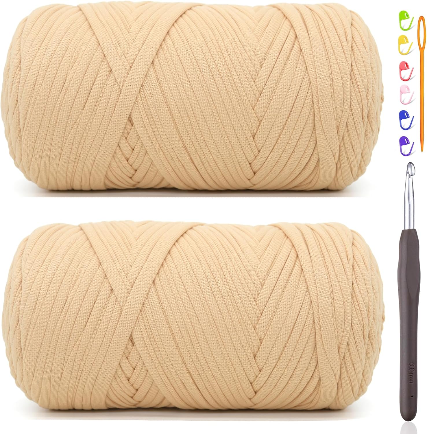 2 * 400G Tshirt Yarn for Crocheting,Light Khaki T Shirt Chunky Elastic Fabric Thick T-Shirt Crochet Yarn for Beginners Crocheting Hand Knitting Bag/Basket/Coasters/DIY Crafts/Home Decor