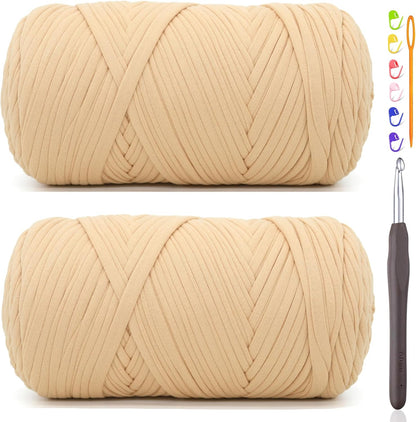 2 * 400G Tshirt Yarn for Crocheting,Light Khaki T Shirt Chunky Elastic Fabric Thick T-Shirt Crochet Yarn for Beginners Crocheting Hand Knitting Bag/Basket/Coasters/DIY Crafts/Home Decor