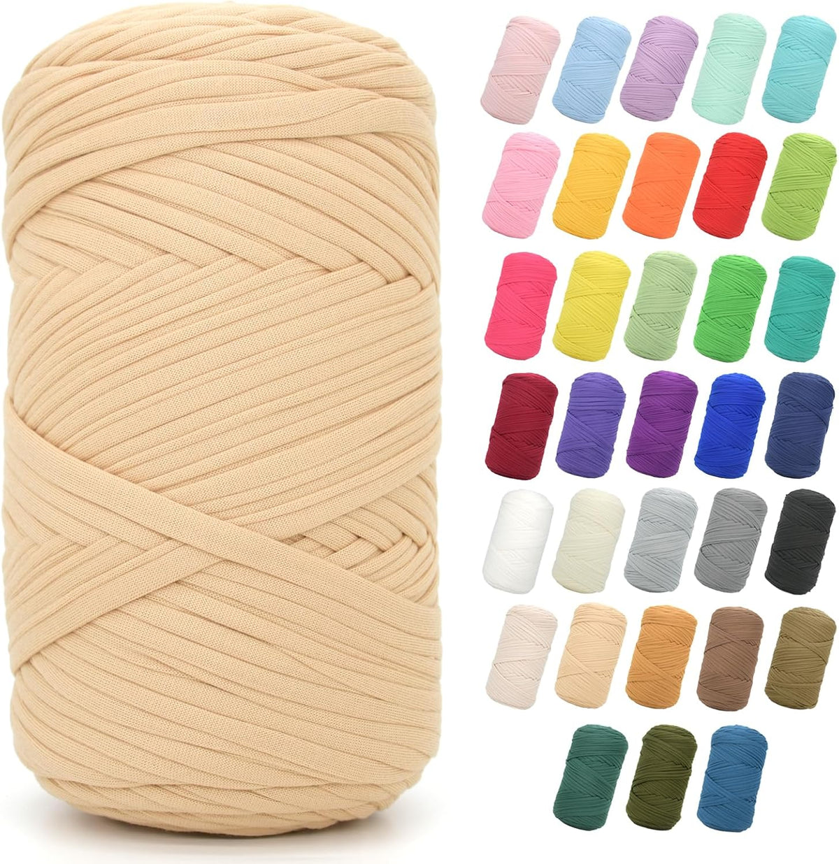 2 * 400G Tshirt Yarn for Crocheting,Light Khaki T Shirt Chunky Elastic Fabric Thick T-Shirt Crochet Yarn for Beginners Crocheting Hand Knitting Bag/Basket/Coasters/DIY Crafts/Home Decor