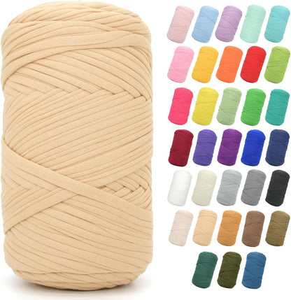 2 * 400G Tshirt Yarn for Crocheting,Light Khaki T Shirt Chunky Elastic Fabric Thick T-Shirt Crochet Yarn for Beginners Crocheting Hand Knitting Bag/Basket/Coasters/DIY Crafts/Home Decor
