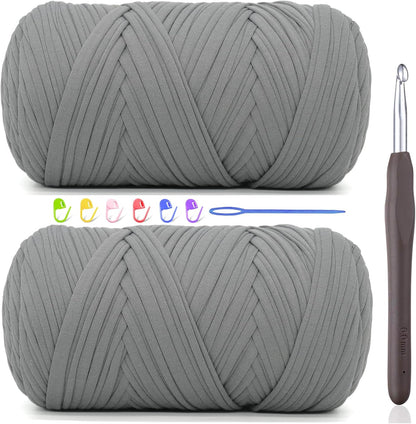 2 * 400G Tshirt Yarn for Crocheting,Light Khaki T Shirt Chunky Elastic Fabric Thick T-Shirt Crochet Yarn for Beginners Crocheting Hand Knitting Bag/Basket/Coasters/DIY Crafts/Home Decor