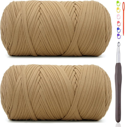 2 * 400G Tshirt Yarn for Crocheting,Light Khaki T Shirt Chunky Elastic Fabric Thick T-Shirt Crochet Yarn for Beginners Crocheting Hand Knitting Bag/Basket/Coasters/DIY Crafts/Home Decor