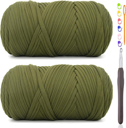 2 * 400G Tshirt Yarn for Crocheting,Light Khaki T Shirt Chunky Elastic Fabric Thick T-Shirt Crochet Yarn for Beginners Crocheting Hand Knitting Bag/Basket/Coasters/DIY Crafts/Home Decor