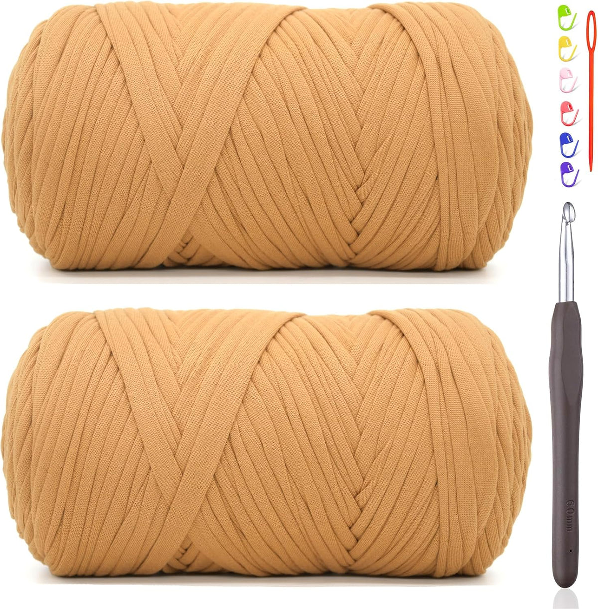 2 * 400G Tshirt Yarn for Crocheting,Light Khaki T Shirt Chunky Elastic Fabric Thick T-Shirt Crochet Yarn for Beginners Crocheting Hand Knitting Bag/Basket/Coasters/DIY Crafts/Home Decor