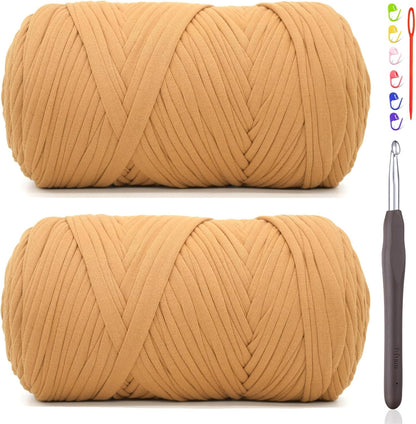 2 * 400G Tshirt Yarn for Crocheting,Light Khaki T Shirt Chunky Elastic Fabric Thick T-Shirt Crochet Yarn for Beginners Crocheting Hand Knitting Bag/Basket/Coasters/DIY Crafts/Home Decor