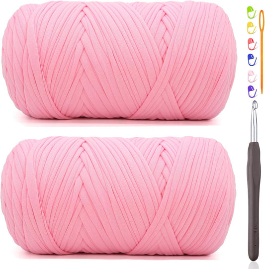 2 * 400G Tshirt Yarn for Crocheting,Light Khaki T Shirt Chunky Elastic Fabric Thick T-Shirt Crochet Yarn for Beginners Crocheting Hand Knitting Bag/Basket/Coasters/DIY Crafts/Home Decor