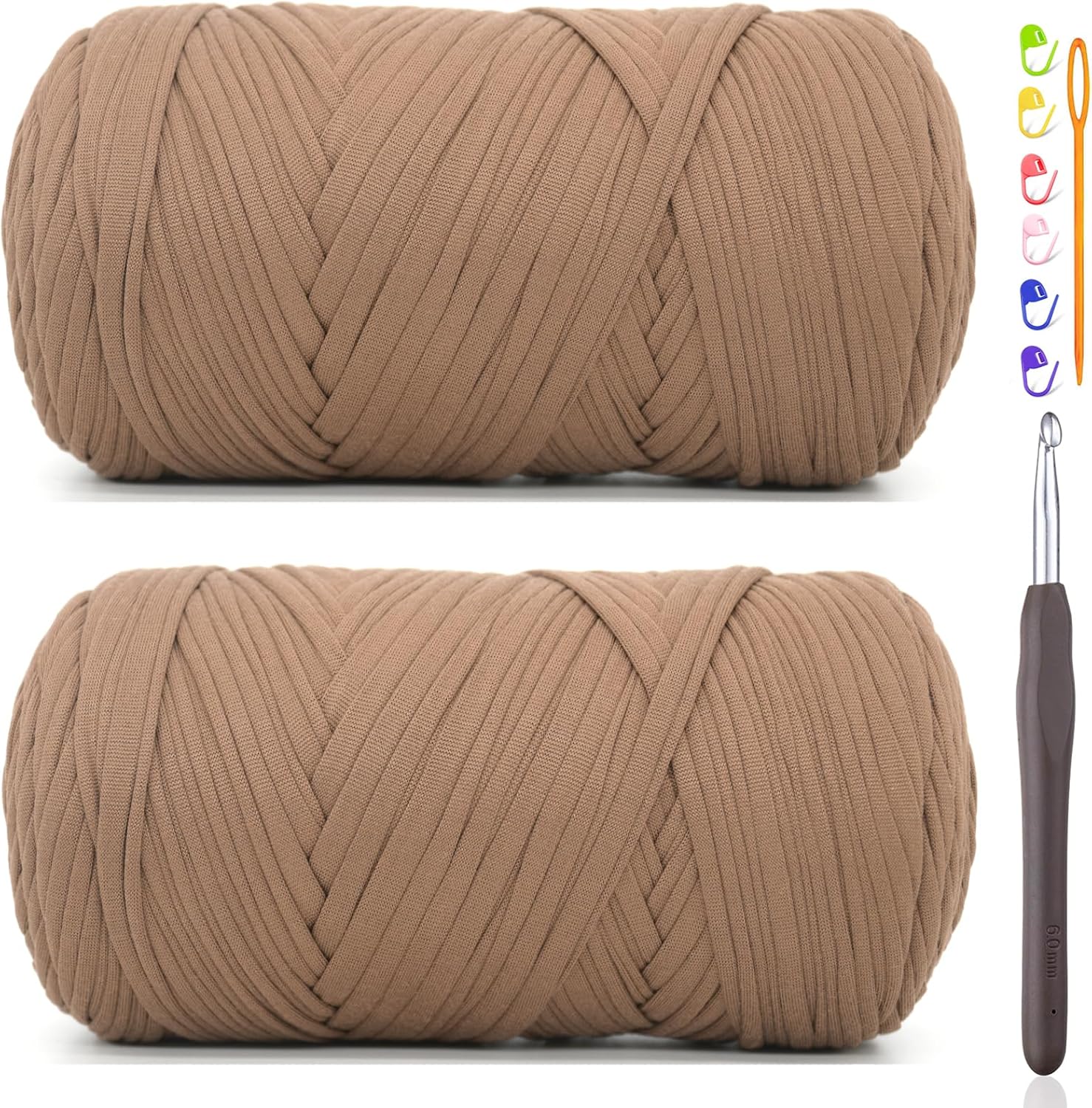 2 * 400G Tshirt Yarn for Crocheting,Light Khaki T Shirt Chunky Elastic Fabric Thick T-Shirt Crochet Yarn for Beginners Crocheting Hand Knitting Bag/Basket/Coasters/DIY Crafts/Home Decor