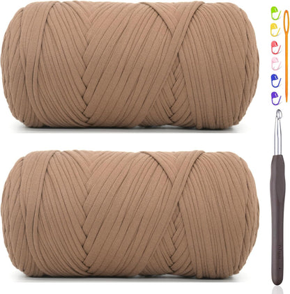 2 * 400G Tshirt Yarn for Crocheting,Light Khaki T Shirt Chunky Elastic Fabric Thick T-Shirt Crochet Yarn for Beginners Crocheting Hand Knitting Bag/Basket/Coasters/DIY Crafts/Home Decor