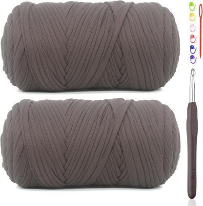 2 * 400G Tshirt Yarn for Crocheting,Light Khaki T Shirt Chunky Elastic Fabric Thick T-Shirt Crochet Yarn for Beginners Crocheting Hand Knitting Bag/Basket/Coasters/DIY Crafts/Home Decor