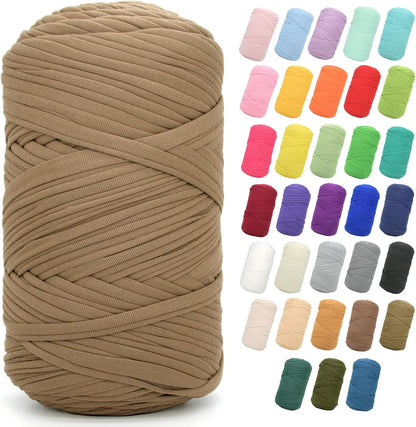 2 * 400G Tshirt Yarn for Crocheting,Light Khaki T Shirt Chunky Elastic Fabric Thick T-Shirt Crochet Yarn for Beginners Crocheting Hand Knitting Bag/Basket/Coasters/DIY Crafts/Home Decor
