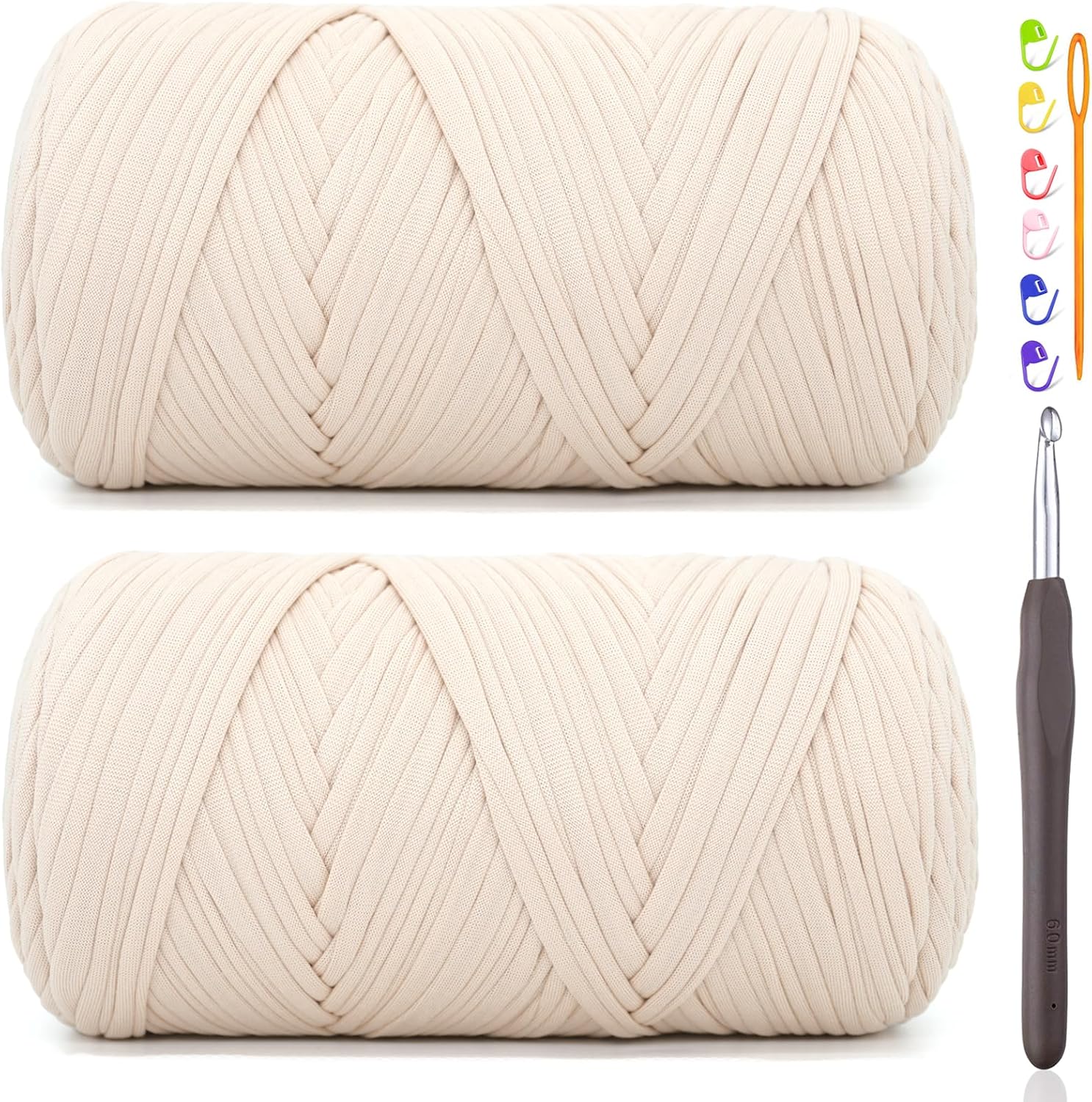 2 * 400G Tshirt Yarn for Crocheting,Light Khaki T Shirt Chunky Elastic Fabric Thick T-Shirt Crochet Yarn for Beginners Crocheting Hand Knitting Bag/Basket/Coasters/DIY Crafts/Home Decor