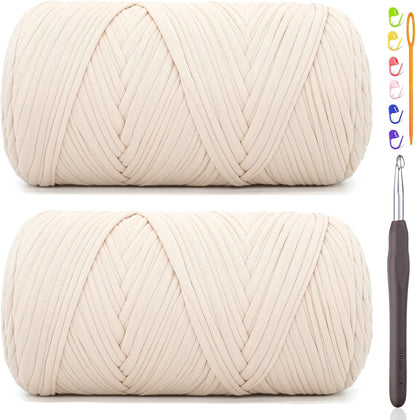 2 * 400G Tshirt Yarn for Crocheting,Light Khaki T Shirt Chunky Elastic Fabric Thick T-Shirt Crochet Yarn for Beginners Crocheting Hand Knitting Bag/Basket/Coasters/DIY Crafts/Home Decor